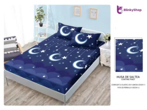 Husa pat 160x200 finet+2 fete perna E637, cu semilune si stelute