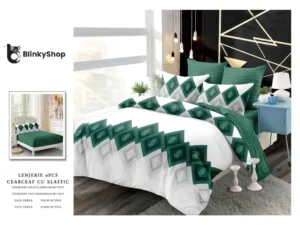 Lenjerie Finet 6 Piese cu Elastic E662, cu romburi verde inchis,bumbac, 4 fete de perna