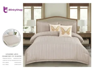 Lenjerie Damasc 6 Piese cu Elastic D602, 4 fete de perna ,imprimeu cu fluturasi