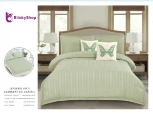 Lenjerie Damasc 6 Piese cu Elastic D603,4 fete de perna, model fluturas