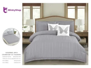 Lenjerie Damasc 6 Piese cu Elastic D604, 4 fete de perna, model fluturas