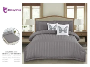 Lenjerie Damasc 6 Piese cu Elastic D605,4 fete d perna, model fluturasi