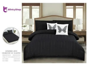 Lenjerie Damasc 6 Piese cu Elastic D606, 4 fete de perna, imprimeu cu fluturi