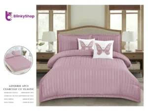 Lenjerie Damasc 6 Piese cu Elastic D607, 4 fete de perna, imprimeu fluturi