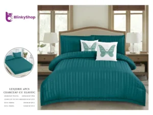 Lenjerie Damasc 6 Piese cu Elastic D608, model cu fluturi