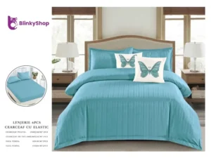 Lenjerie Damasc 6 Piese cu Elastic D601; 4 fete de perna,model fluturas