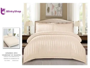 Lenjerie Damasc Horeca pat dublu D402, 4 piese, crem cu dungi