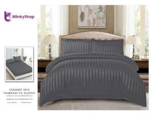 Lenjerie Damasc Horeca pat dublu D406, 4 piese, gri inchis