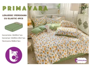 Lenjerie finet creponat 1pers C405, cearceaf cu elastic cu floricele