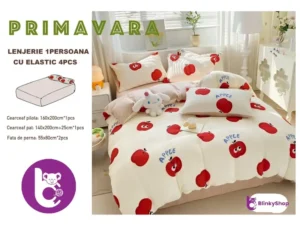 Lenjerie finet creponat 1pers C408, crem cu mere rosii