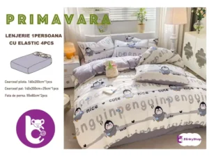 Lenjerie finet creponat 1pers C410, cu pinguini gri