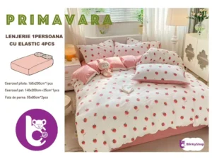 Lenjerie finet creponat 1pers C411, roz cu capsuni