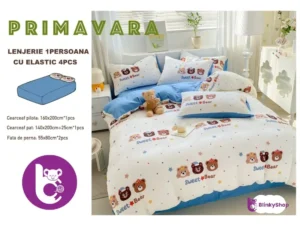 Lenjerie finet creponat 1pers C414, bleu cu ursuleti