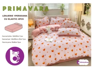 Lenjerie finet creponat 1pers C416, roz cu inimioare