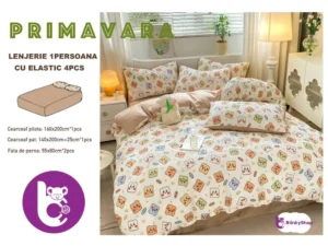 Lenjerie finet creponat 1pers C418, bej cu fete patrate